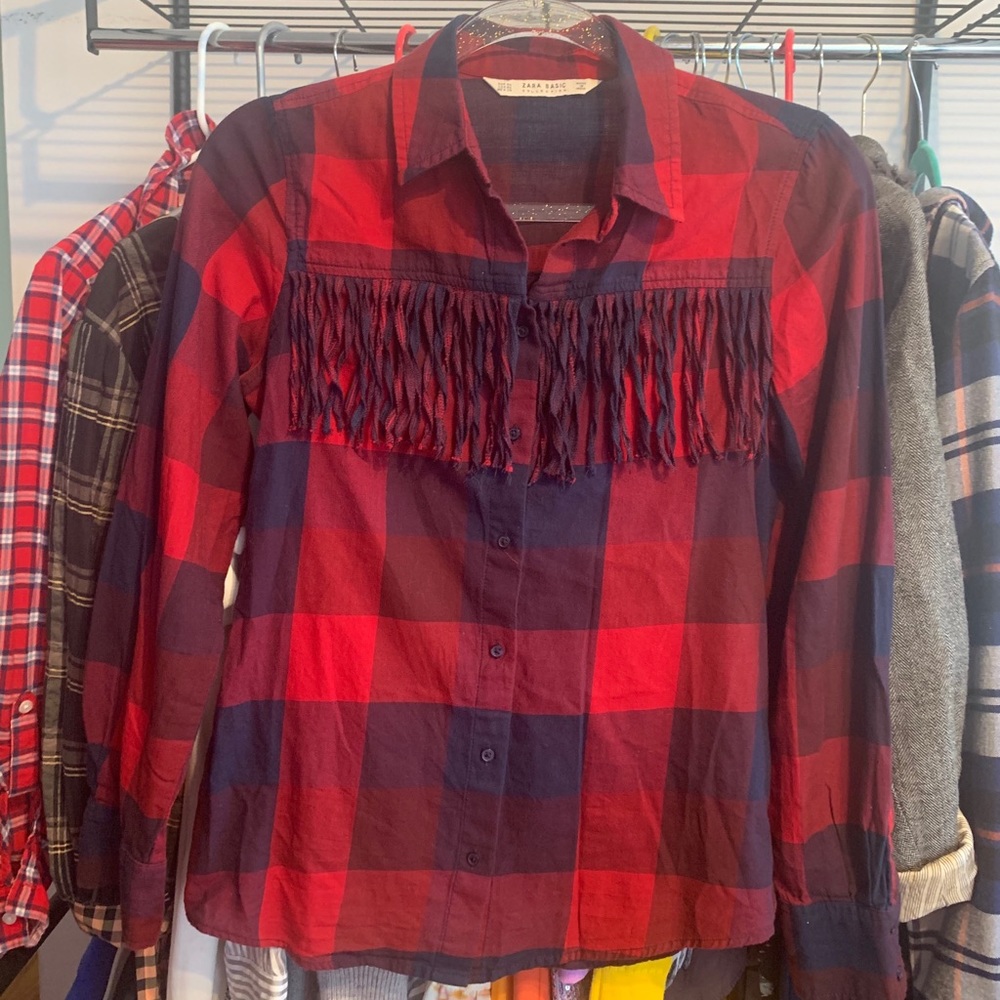 ❤️✨Zara Plaid Fringe Button Down long sleeve Shirt